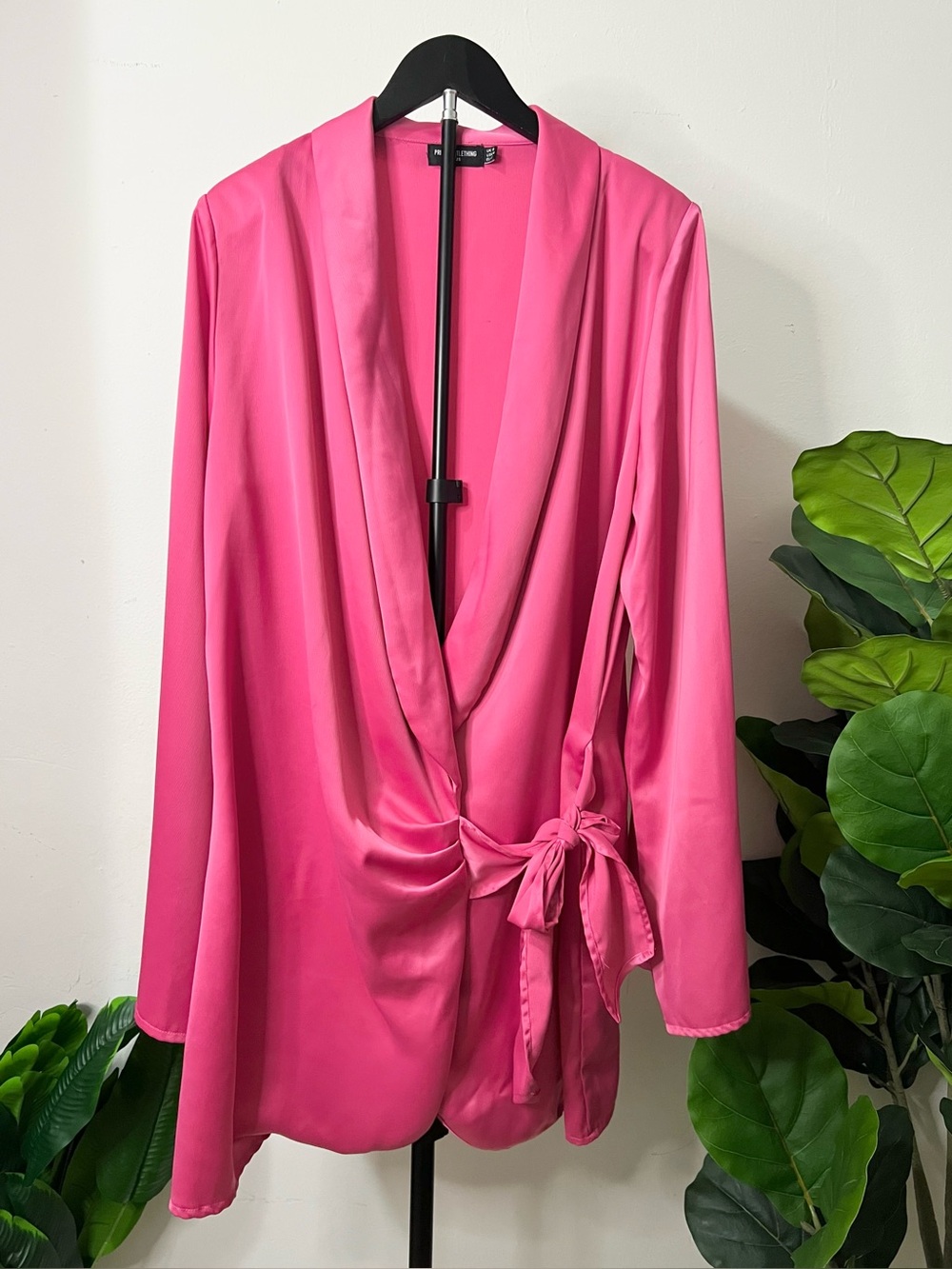 Women's Hot Pink Satin Wrap Blazer Robe Dress
